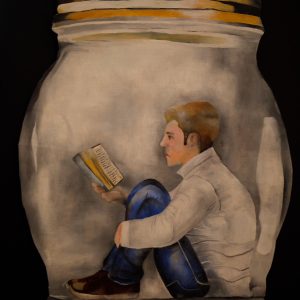 man reading a book inside a jar painting